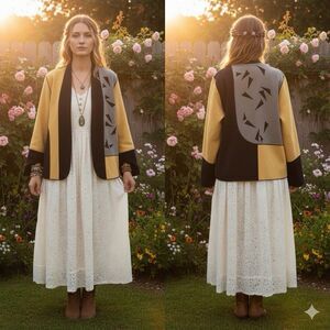 VTG 90s Beppa Wool Open Jacket L Artisan Whimsy Art to Wear Lagenlook Boho Folk